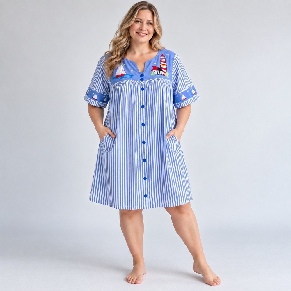 Bechamel Women L Coastal Nautical Cotton House Dress Pockets Lighthouse Sailboat